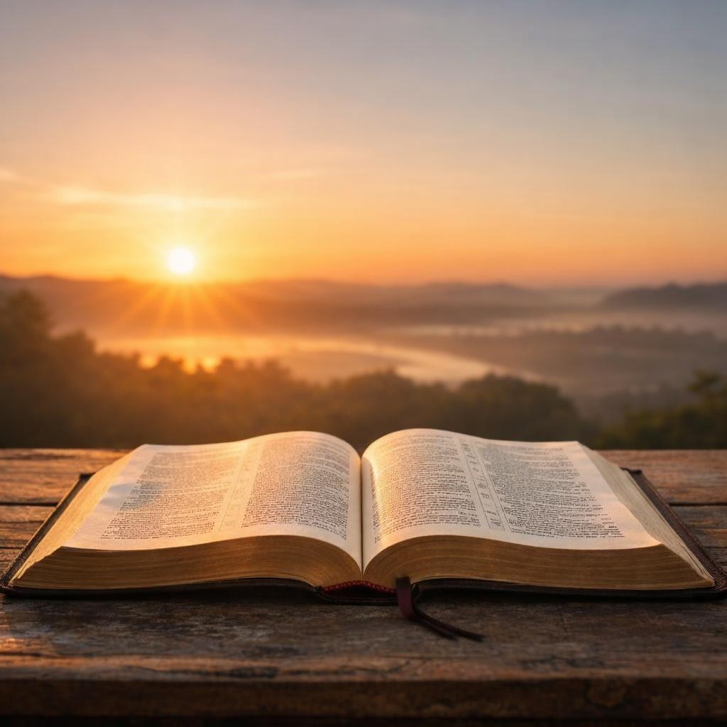 Open Bible on wooden table with sunrise over landscape